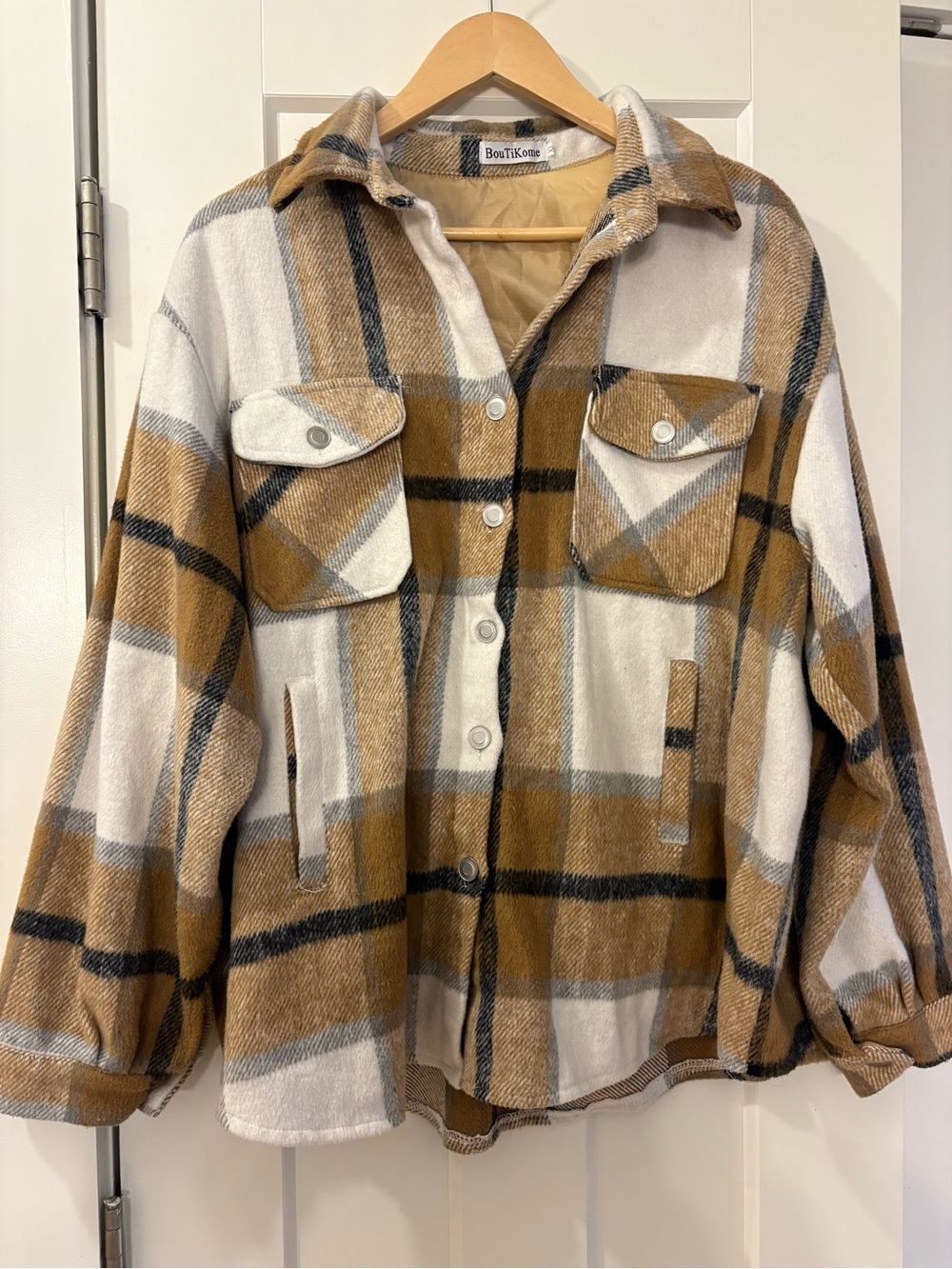 Camel Plaid Utility Shacket with White Accents